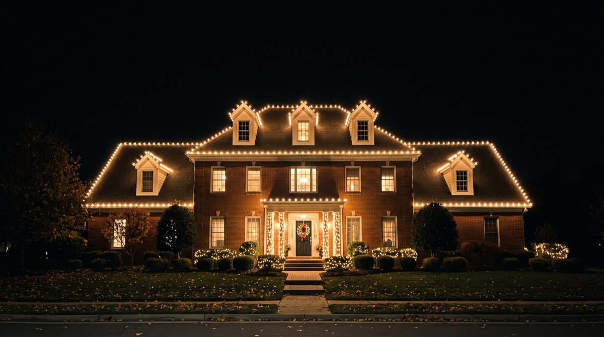 A brick colonial at night with warm white C9 bulbs along every roofline and dormer, columns and shrubs wrapped in matching mini lights